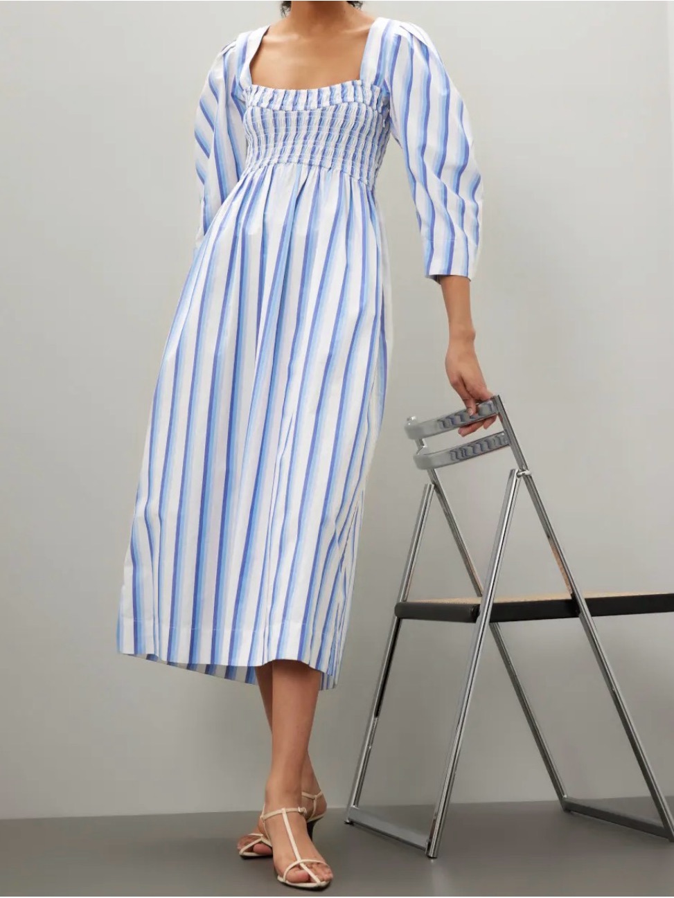 Ganni Blue Striped Smocked Midi Dress Nwot- Pockets!